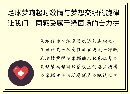 足球梦响起时激情与梦想交织的旋律让我们一同感受属于绿茵场的奋力拼搏与荣耀